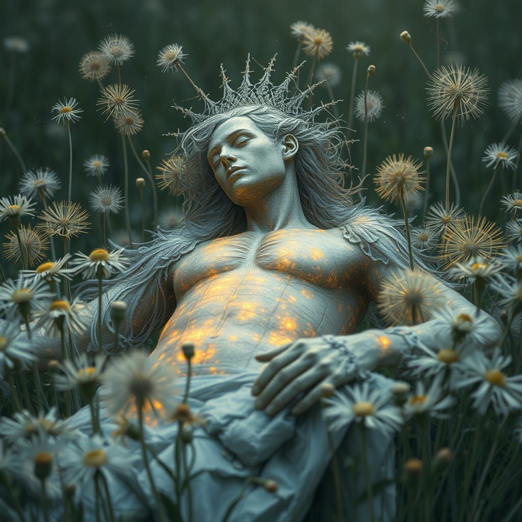 Ethereal Prince in Dandelion Field, in Bio-Art Style