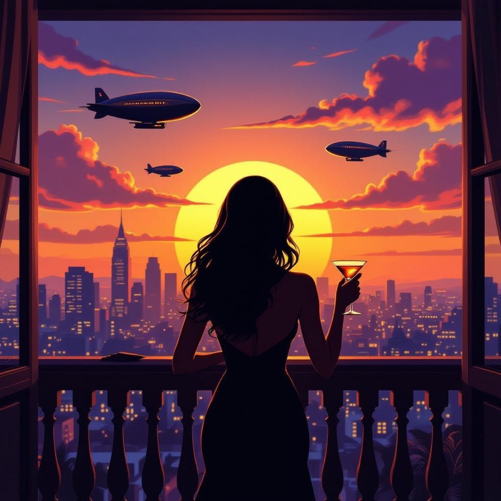 Woman with Martini on Balcony at Sunset in Noir Style