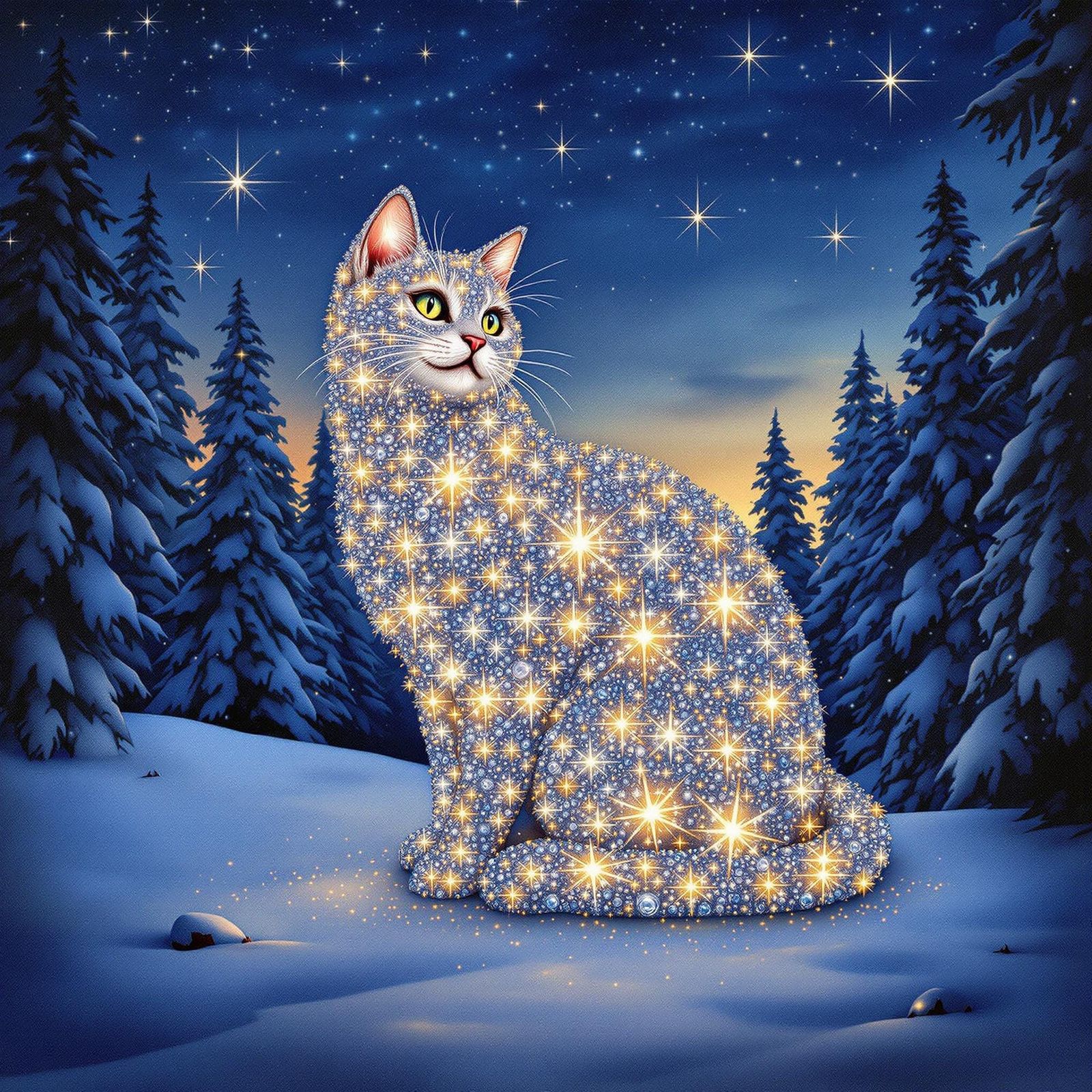 Sparkling Diamond Cat Emerges in Snowy Starry Night