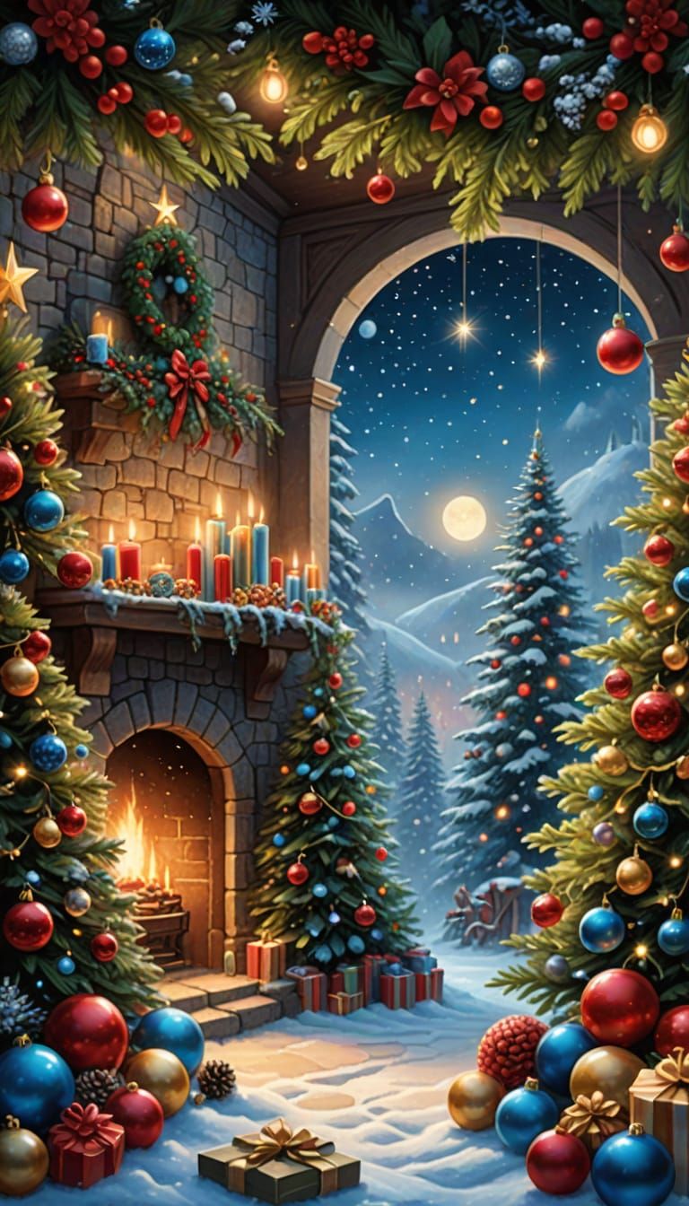 Festive Christmas Card Frame Illustration in Thomas Kinkade ...