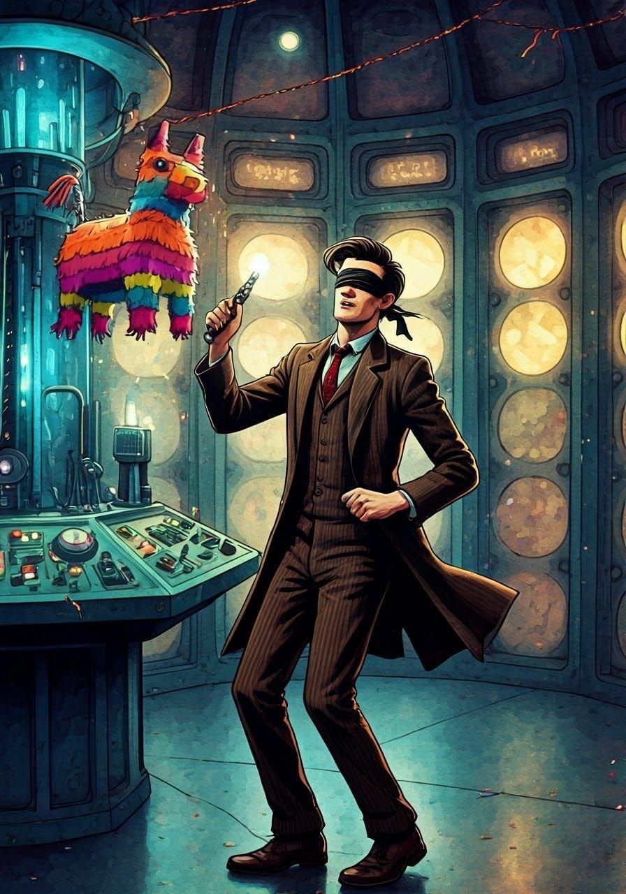 Time-Traveling Doctor Whacks Piñata in Vibrant Tardis Contro...