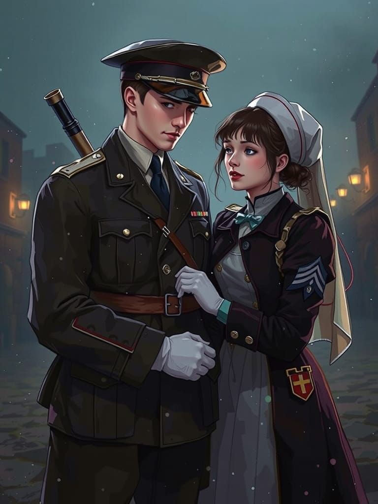 World War I Nurse and Soldier in Dreamlike Watercolor Landsc...