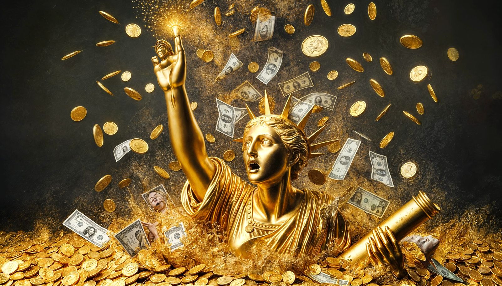 Golden Figure Drowning in Sea of Wealth