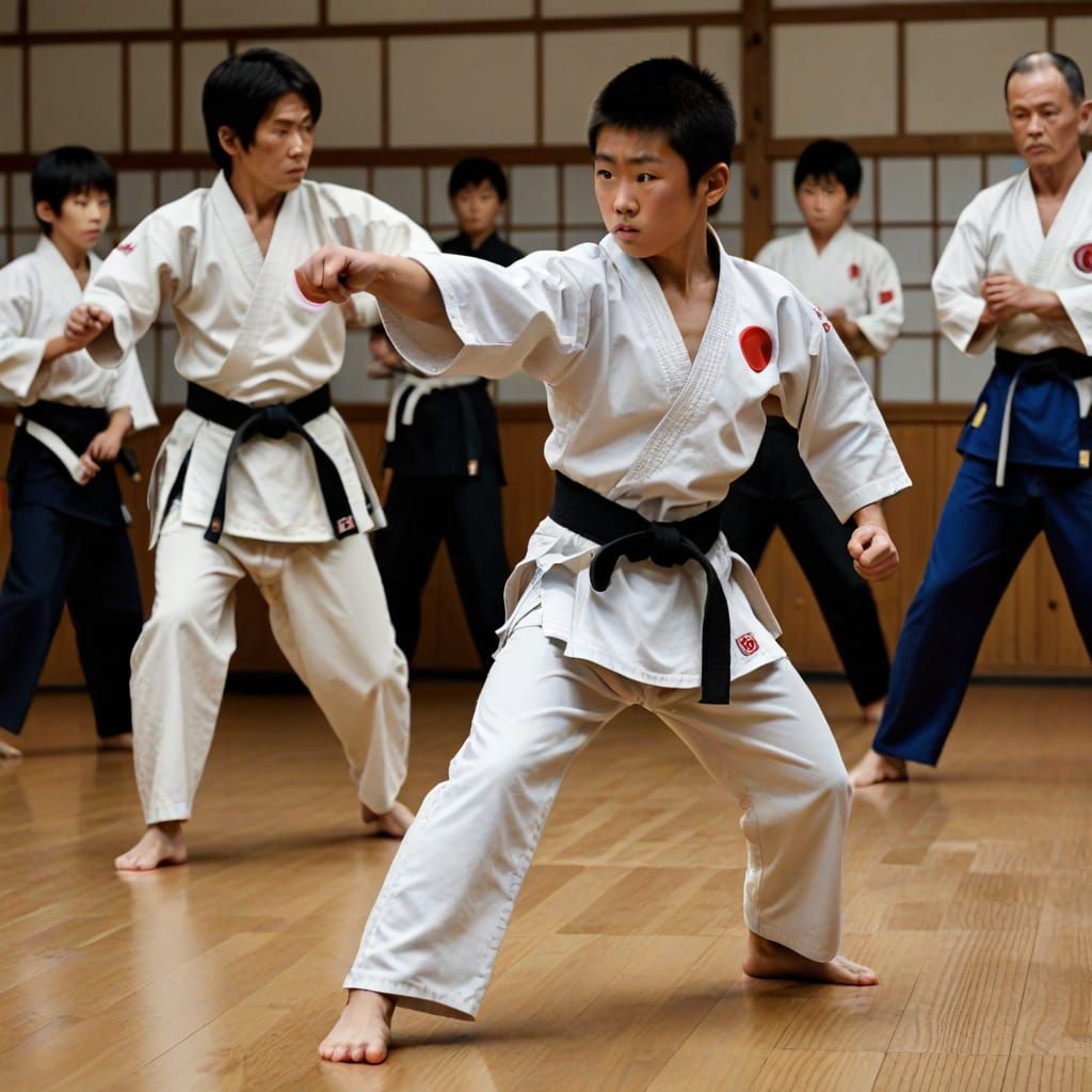 Young Karate Student Practicing Punches in Dojo