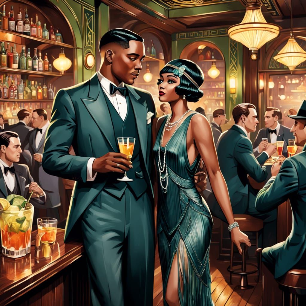 Roaring 20s Speakeasy Scene in Art Deco Style