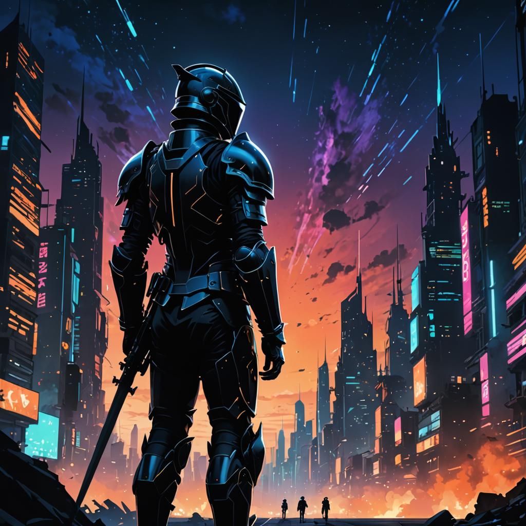 Futuristic Urban Knight Silhouette in Digital Matte Painting