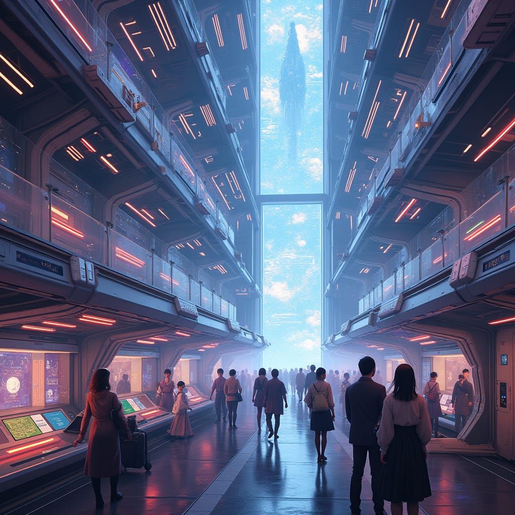 Progress and Adventure in a Vibrant Futuristic Space Station