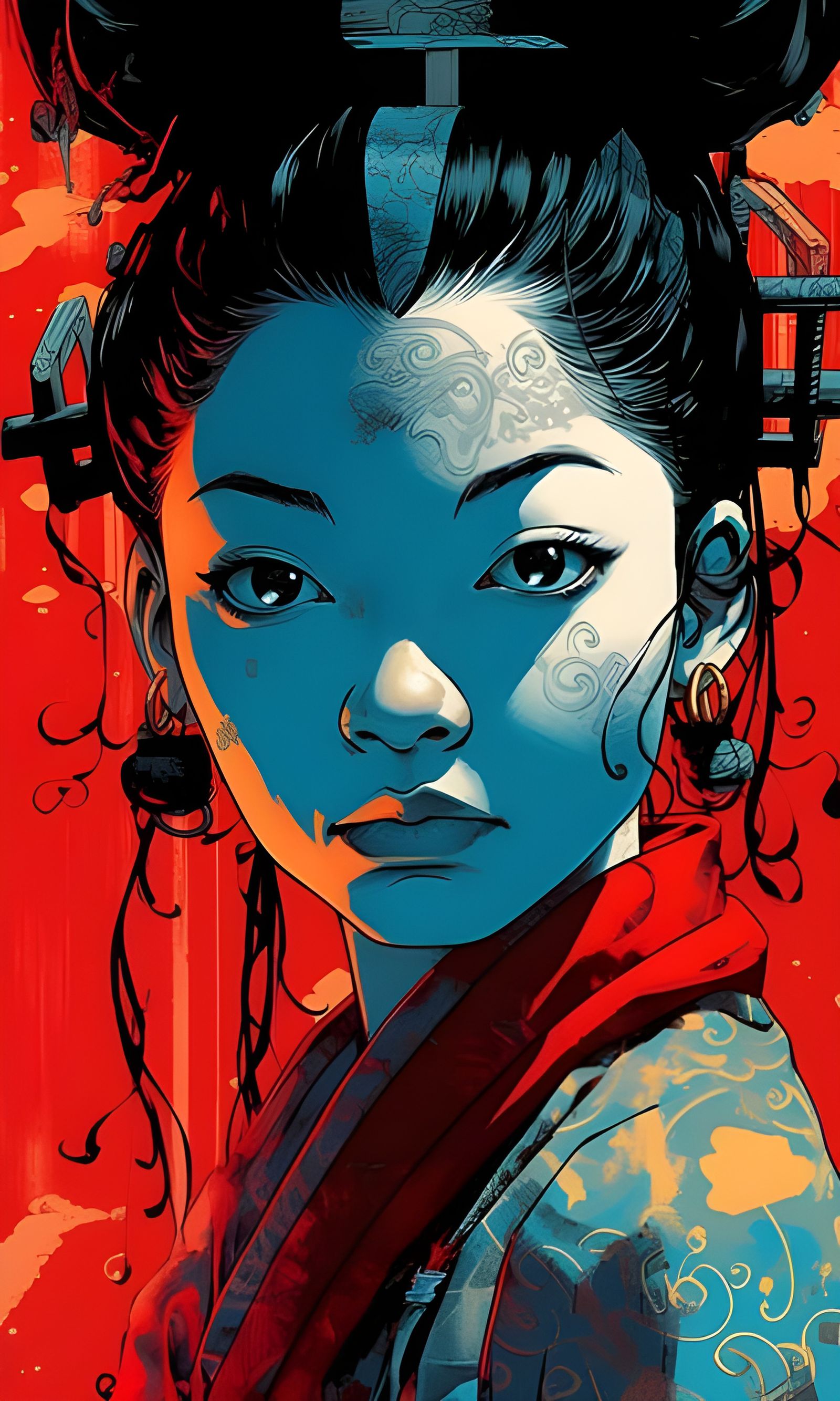 Post-Apocalyptic Torii Woman Portrait in Halftone