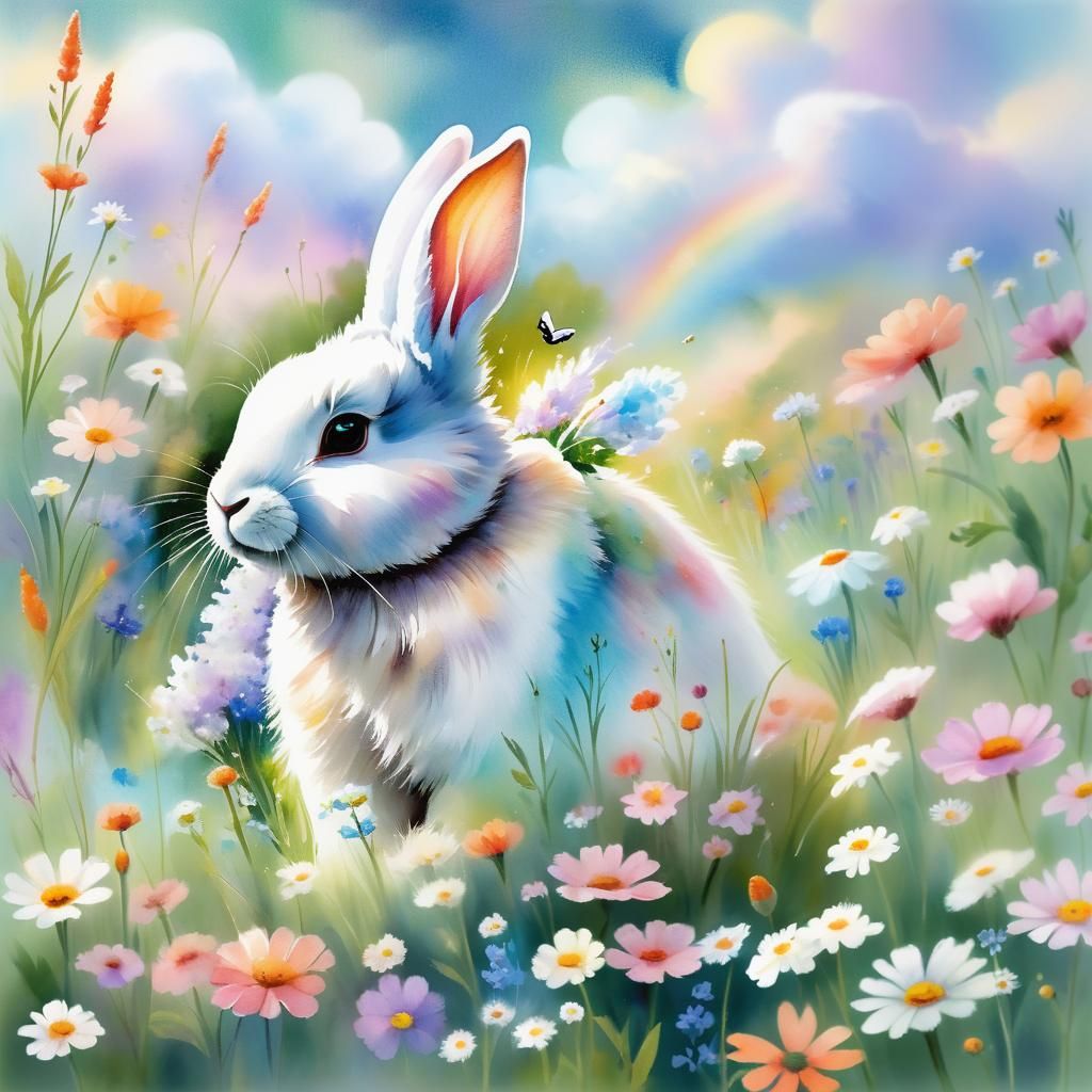 Pastel Watercolor Bunny Rabbit in Flower Field