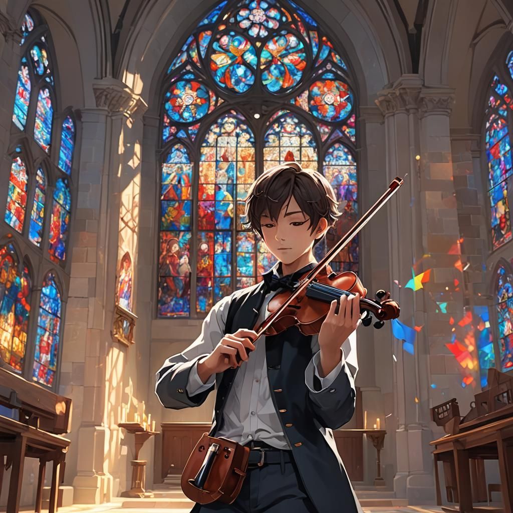 Anime Boy Violinist in Stained Glass Church