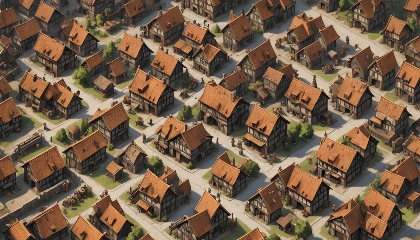 Crowded Medieval Village in Strategy Game Style