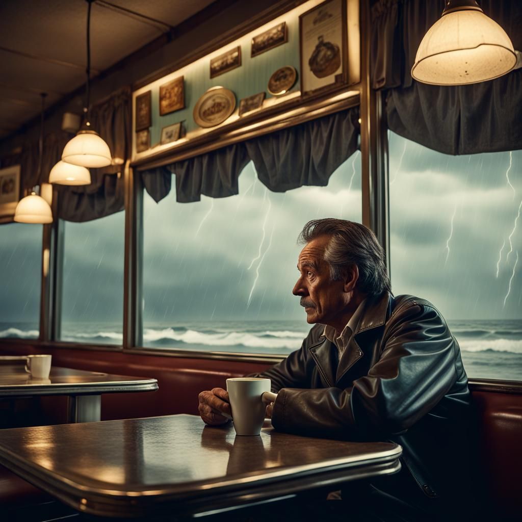 Man in Diner Gazing at Stormy Beach