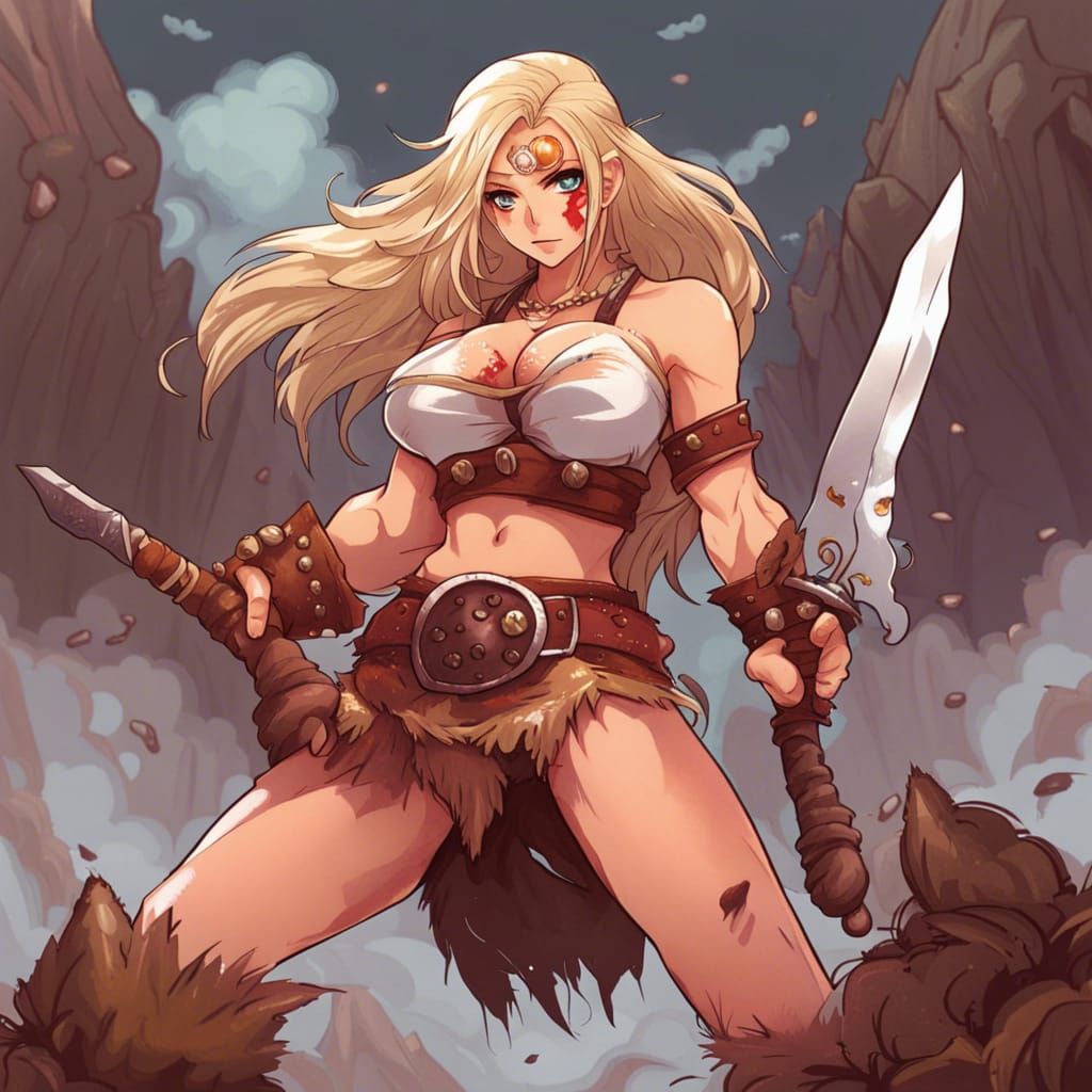 Anime Style Barbarian Woman in Low Cut Shirt