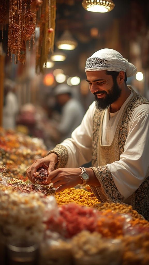 Smiling Muslim Man in Marketplace, Calligraphy Style