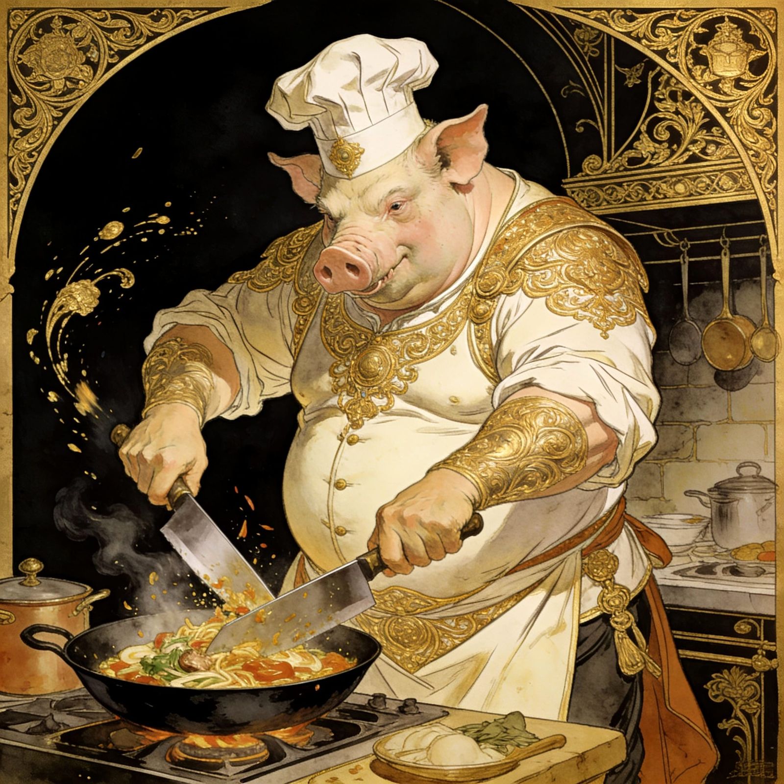 Corpulent Chef with Pig Head Cooks Masterpiece