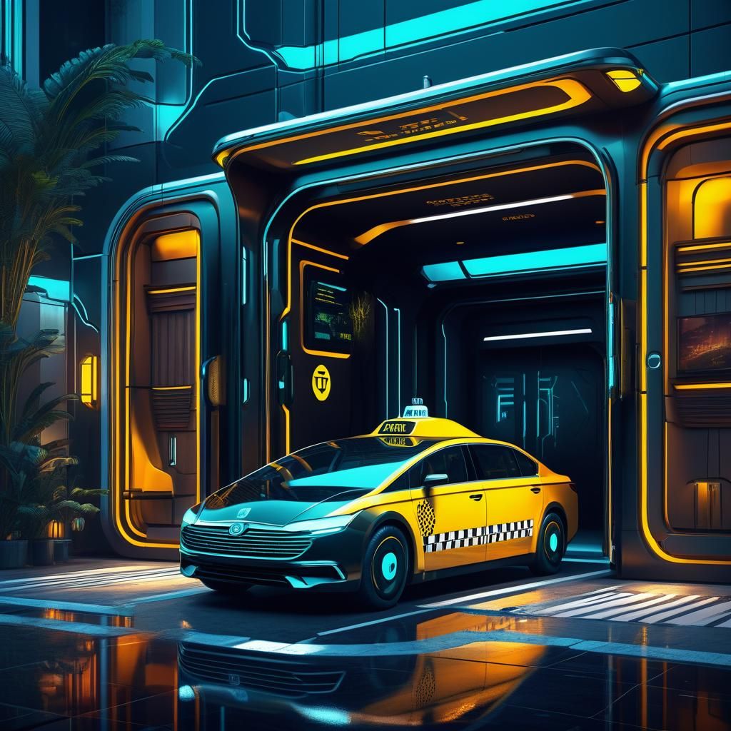 Futuristic Self-Driving Taxi at Hotel in Unreal Engine