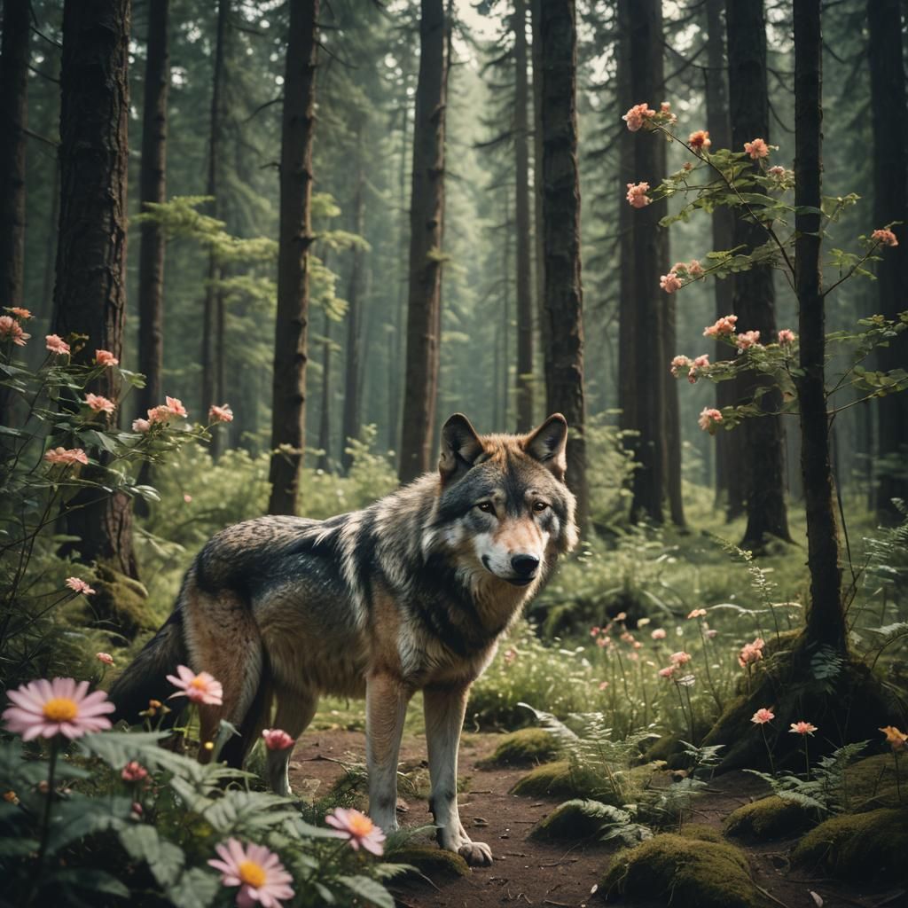 Wolf with Flowers in Forest: Cinematic Film Still
