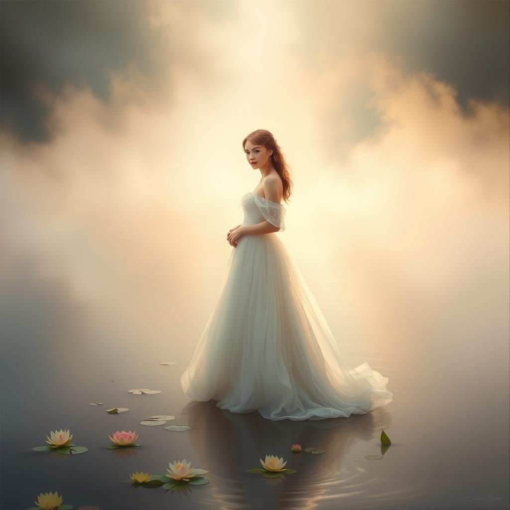 Ethereal Fantasy Maiden on Misty Lake in Soft Focused Oil Pa...