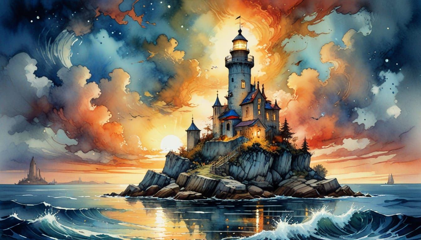 Maiden's Tower Becomes Bioluminescent Lighthouse, Watercolor...