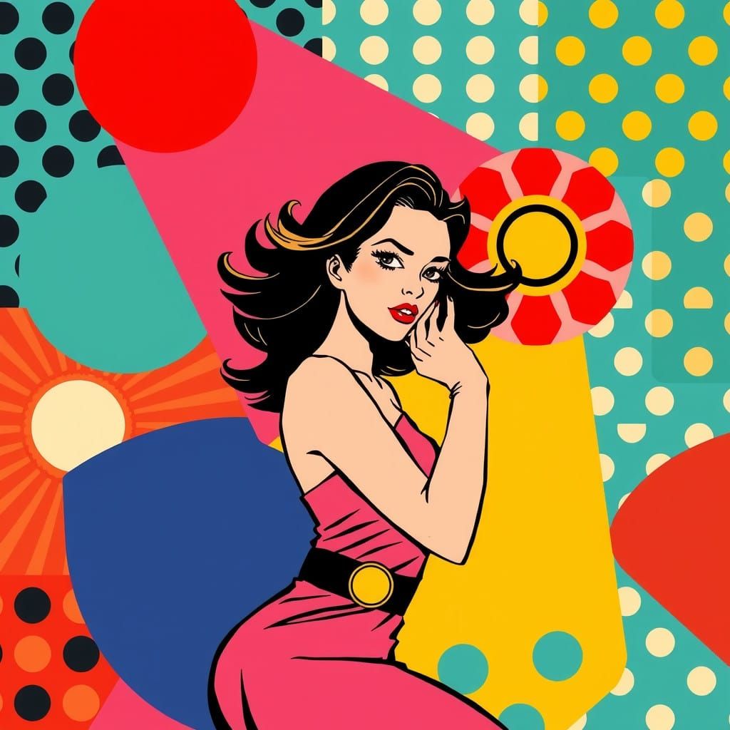 Vibrant Pop Art Scene with Dynamic Woman and Geometric Shape...