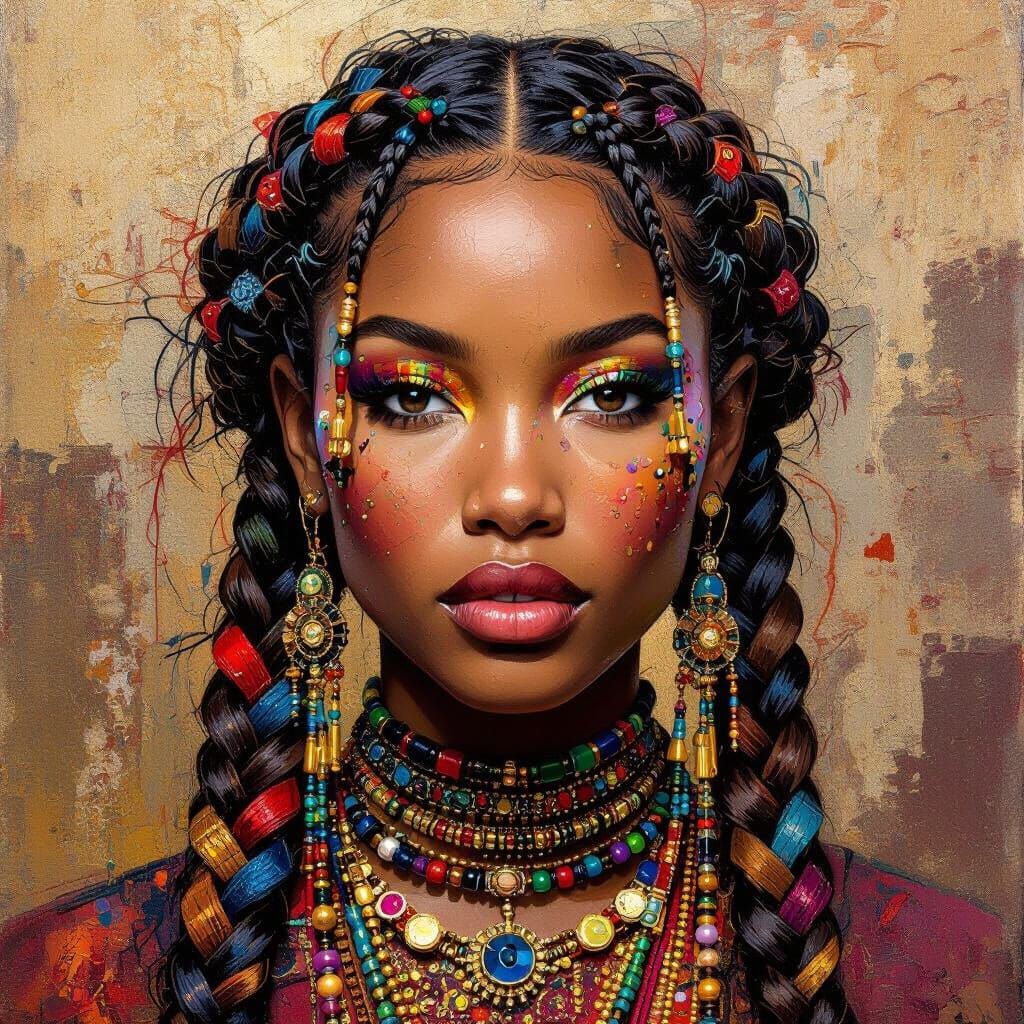 Mixed Media Portrait with Intricate Braids and Abstract Back...