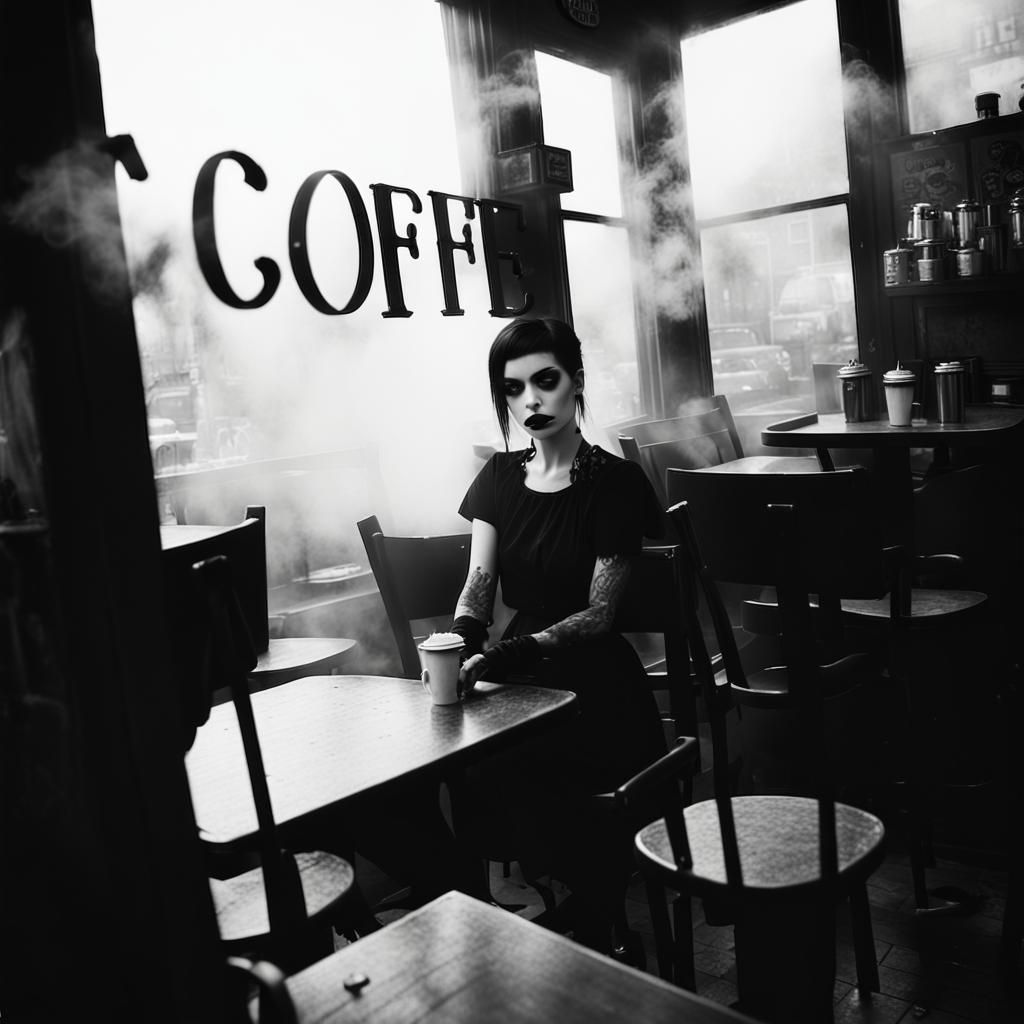 Gothic Model in Foggy Coffee Shop: Black and White