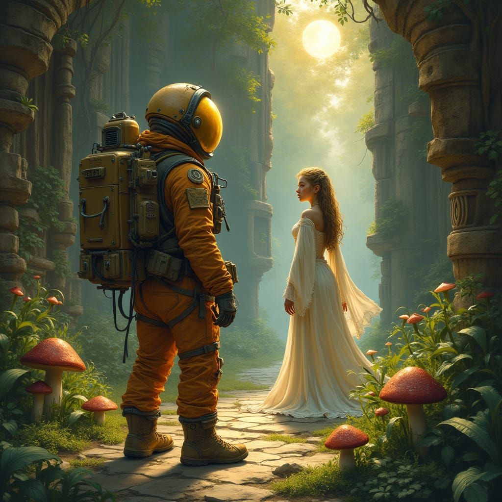 Cyberpunk Explorer Meets Ancient Ruins in a Dystopian World