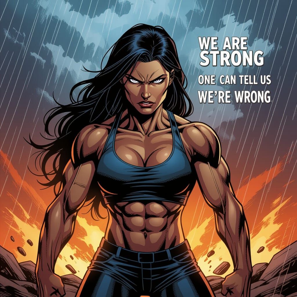 Muscular Woman's Fierce Stance in Stormy Abstract Art