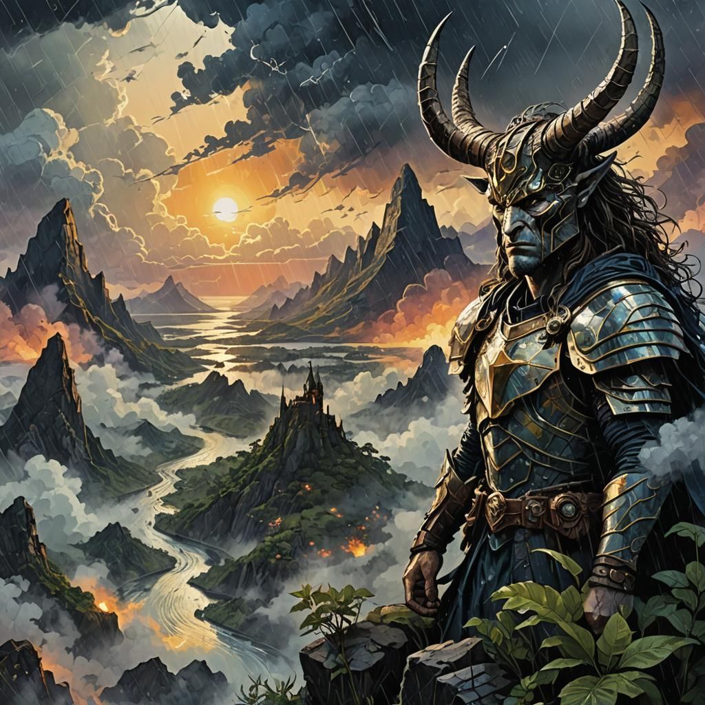 Horned Avenger in Rainy Sunset Scene