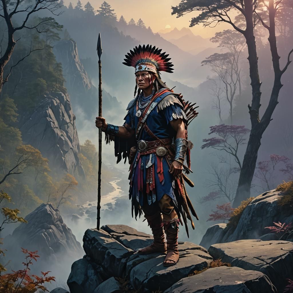 Cherokee Warrior Overlooks Mystical Forest, Digital Matte Pa...
