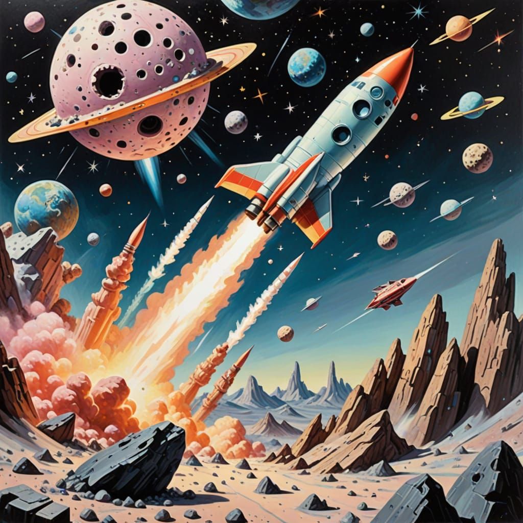 Dadaism Anti-War Rocketship Soaring Through Asteroids