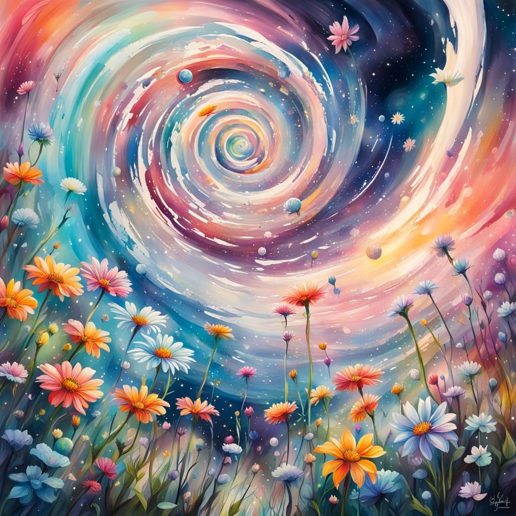 Glass Spiral with Wildflowers in Graffiti Art Style