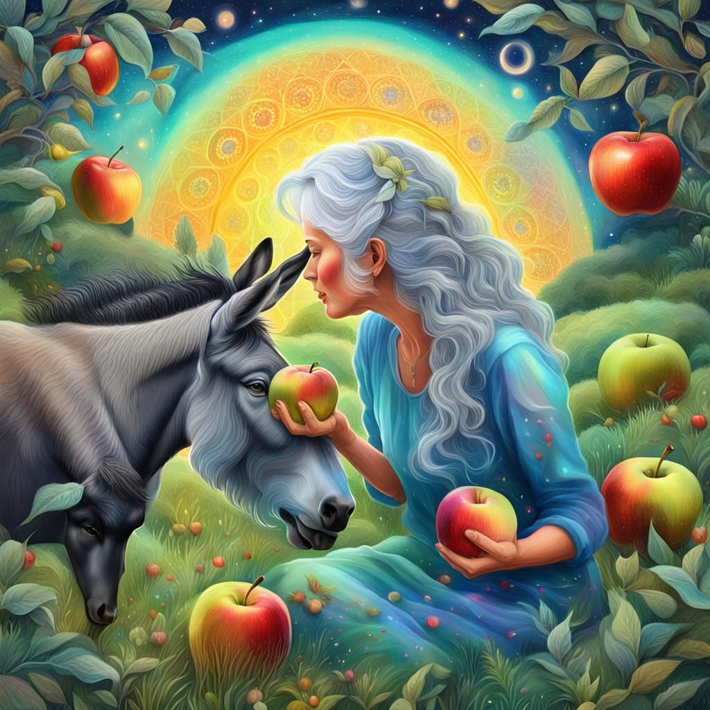 Woman Feeds Donkey in Astral Cosmic Meadow
