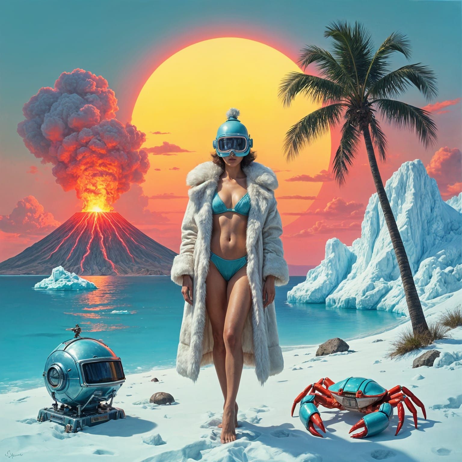 Retro Robot and Ice Floe Woman in Vaporwave Collage