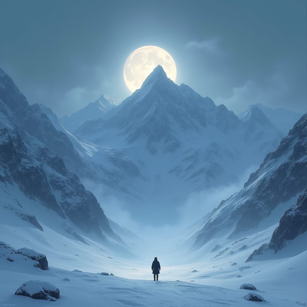 Moonlit Snowy Mountains with Solitary Figure
