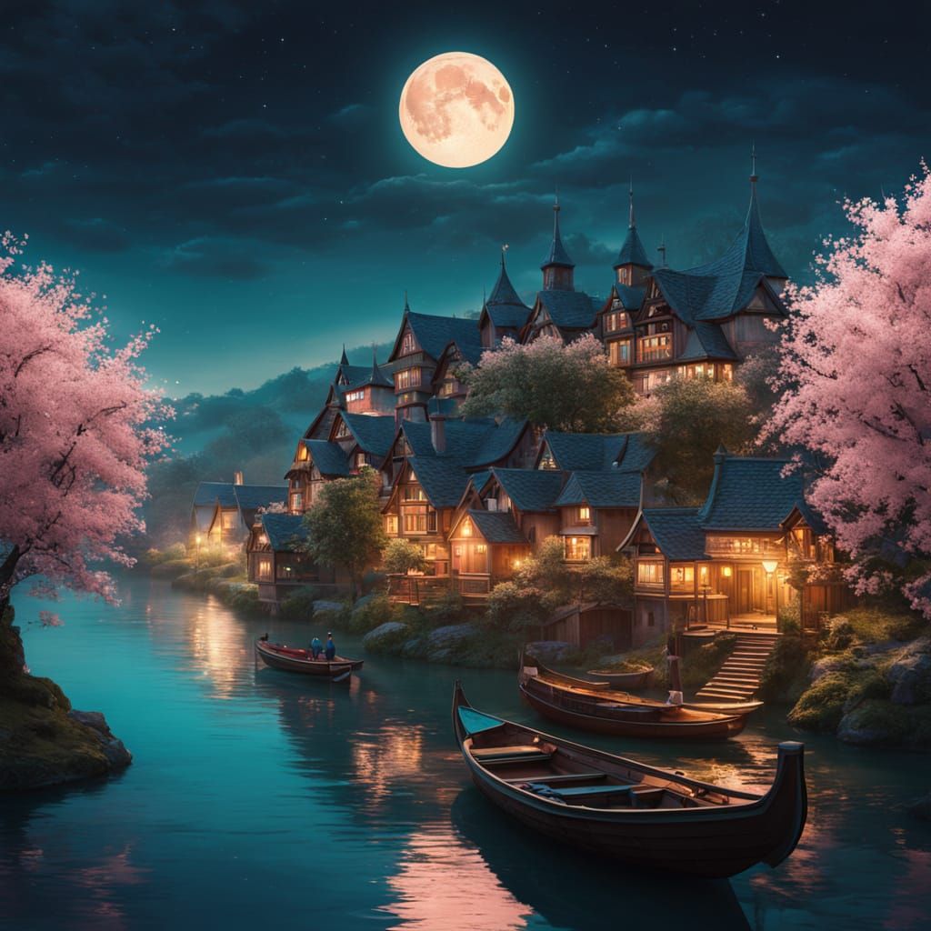 Whimsical Floating Village at Night, in Hyper-Realistic Digi...