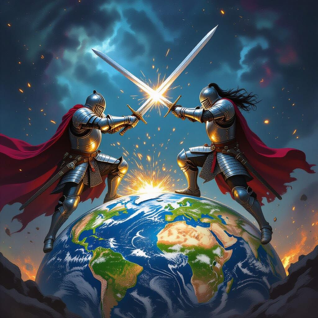 Knights Duel on Earth Globe in Cosmic Void