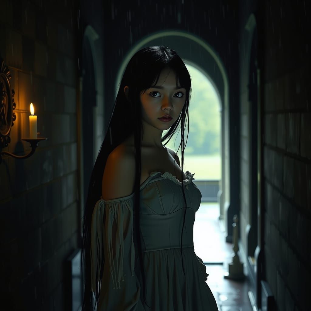 Enigmatic Girl in Castle Hallway, Hyperrealistic Style