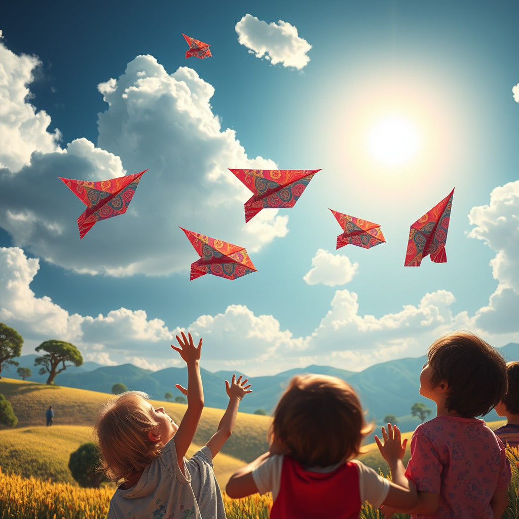 Children's Paper Airplanes Soar in Dreamlike Sky