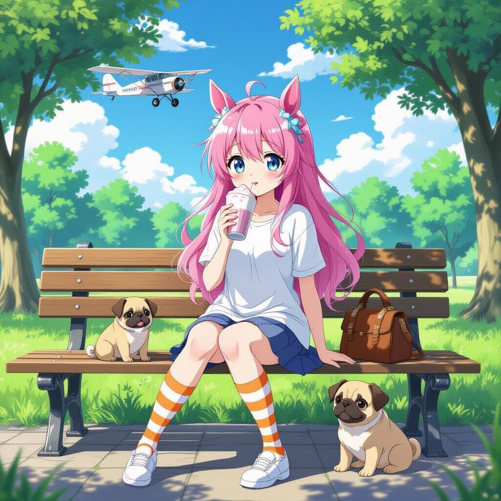 Anime Girl with Horse Ears and Pug Puppy in Park