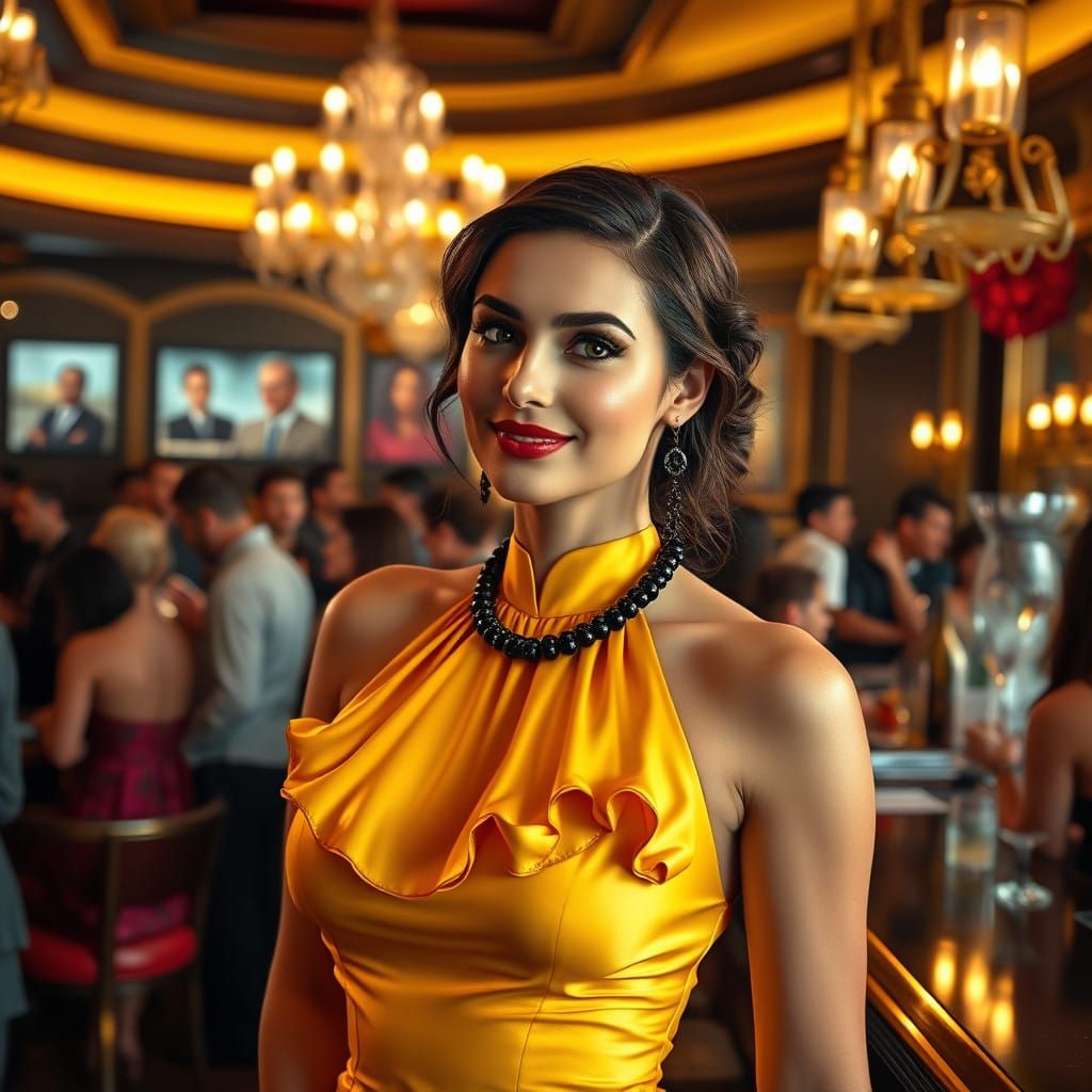 Sophisticated Woman in Vibrant Yellow Satin Halter Dress at....