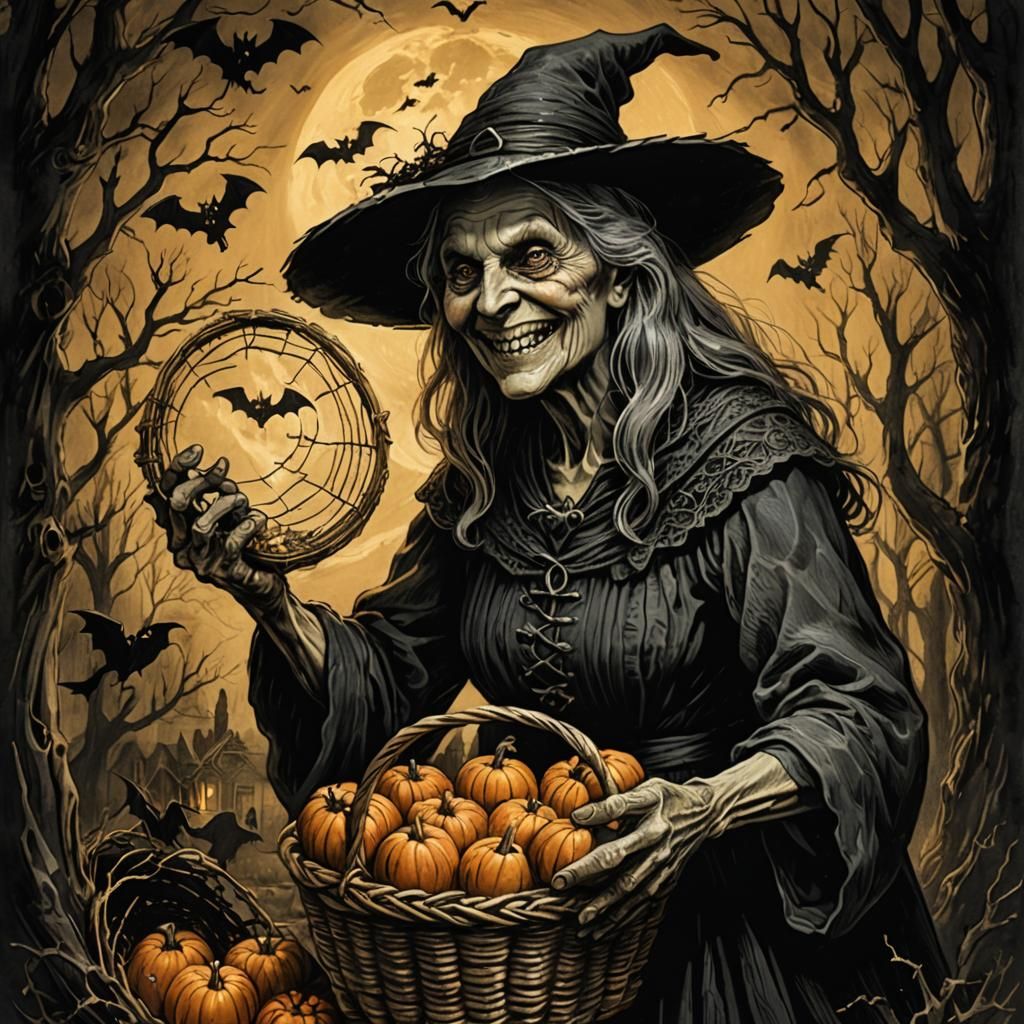 Eerie Witch with Halloween Treats: A Gothic Horror Illustrat...