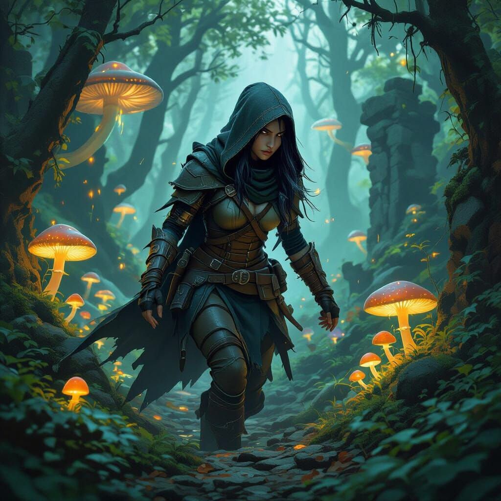 Mystical Elf Rogue in Glowing Mushroom Forest