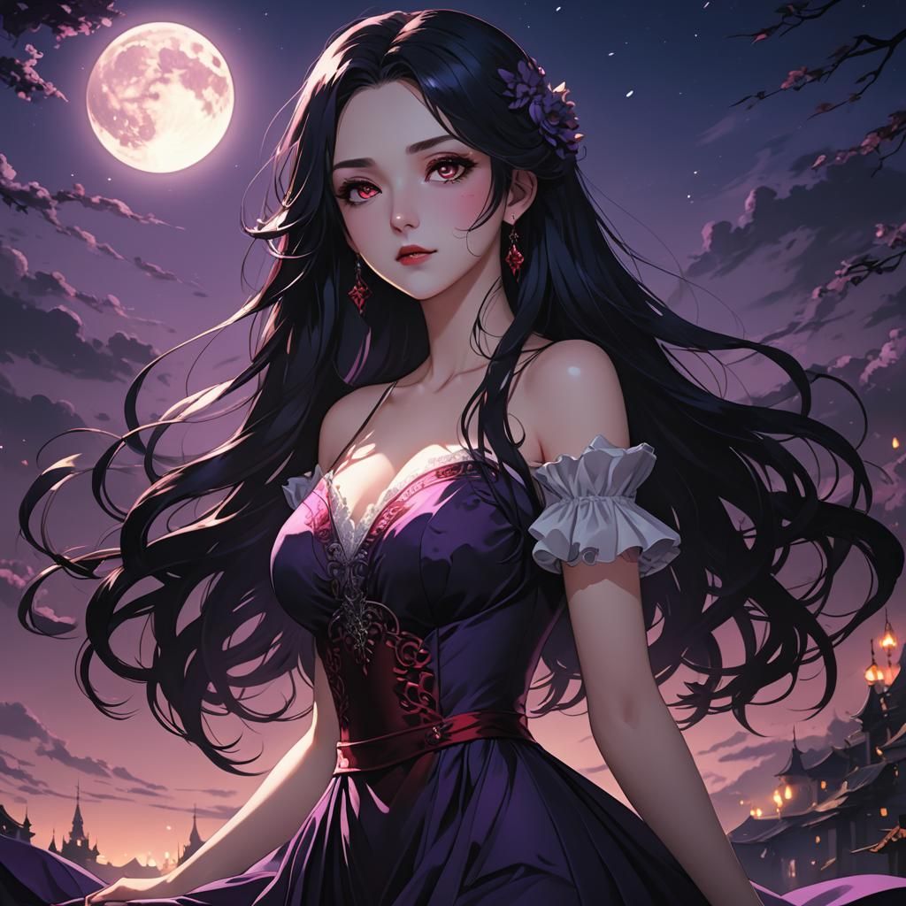 Anime Girl in Violet Dress Under Moonlight