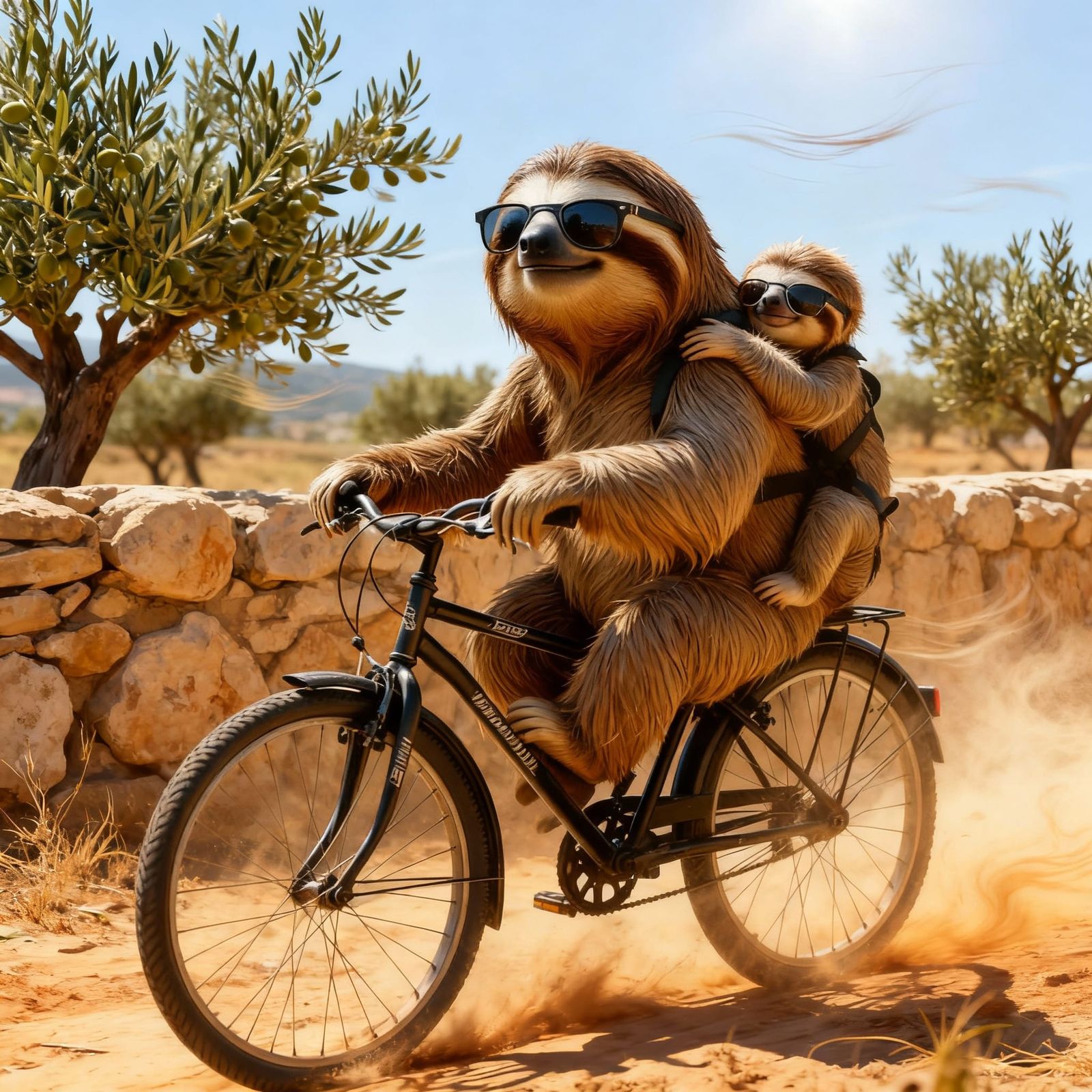 Sloth Family Cycling on Stone Wall in Heat Wave