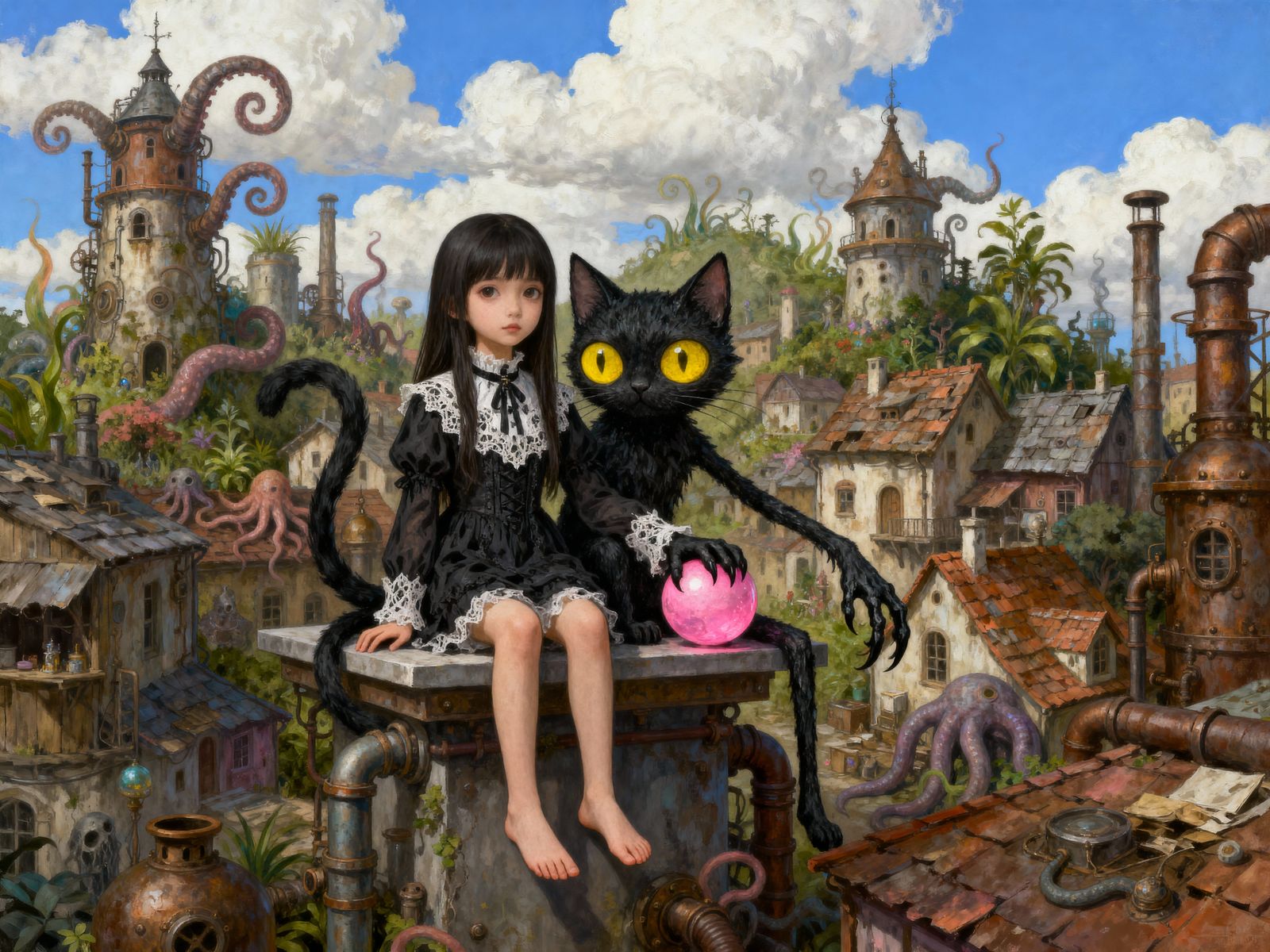 Whimsical Girl & Cat in Steampunk Town