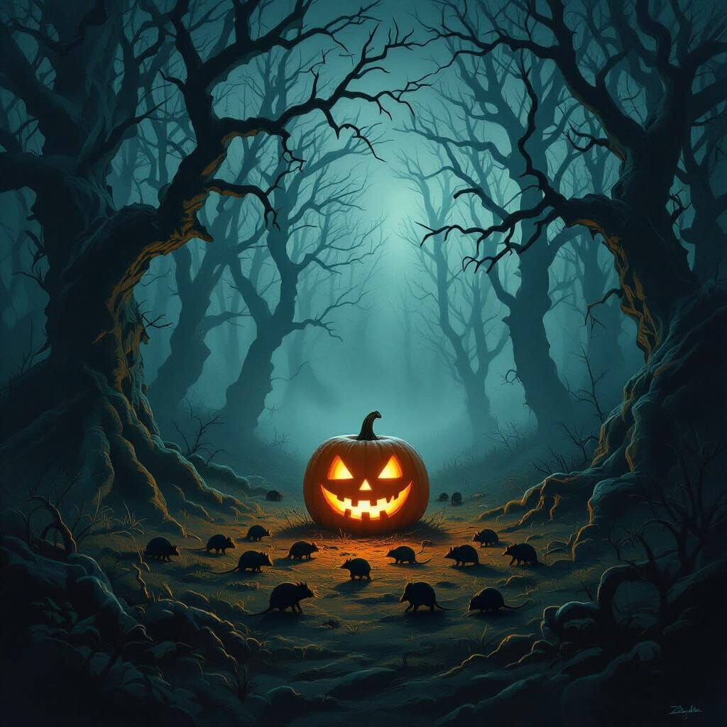Eerie Twilight Forest with Glowing Jack-o'-Lantern and Rats