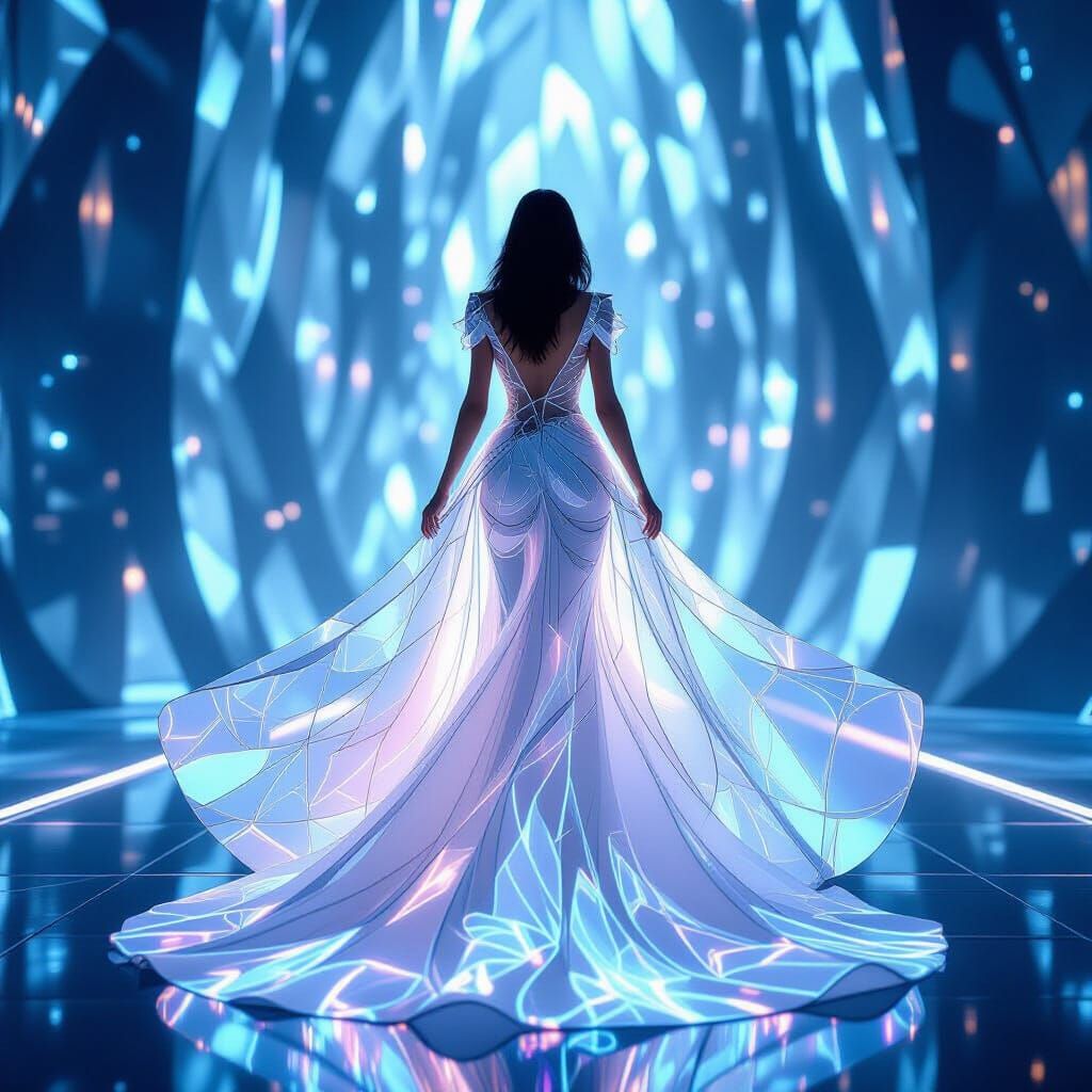 Futuristic Woman in Glowing Glass Panel Dress 8k