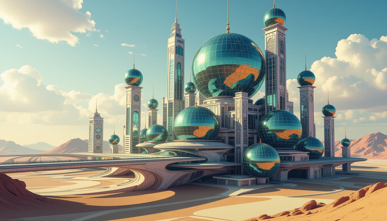 Futuristic Teslapunk Cityscape with Spirograph Details