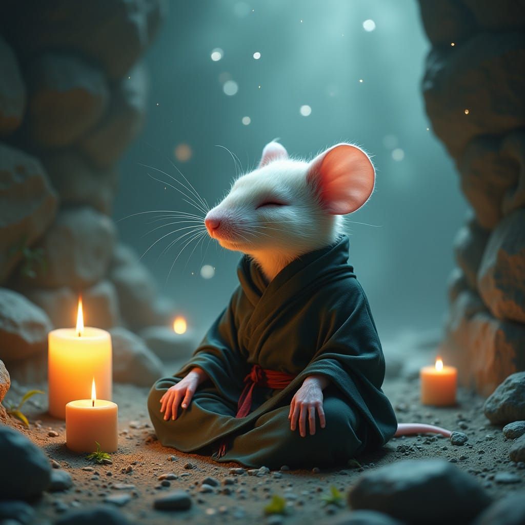 Serene Ninja Mouse Meditates Amidst Ethereal Energy Fields